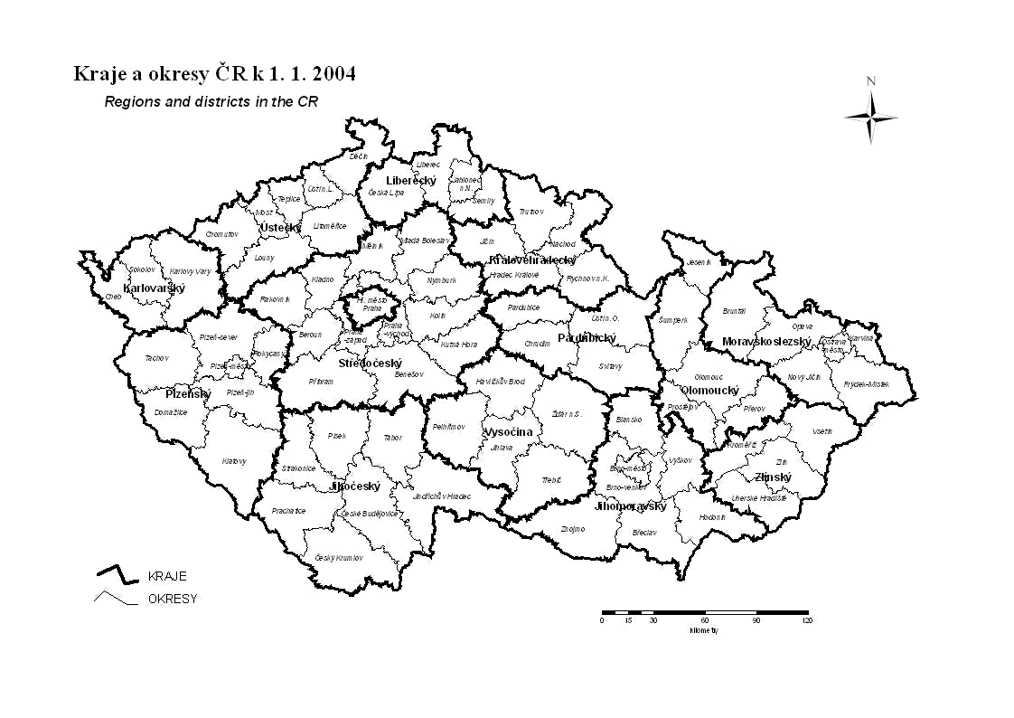 Kraje a okresy ČR k 1.1.2004 - mapa